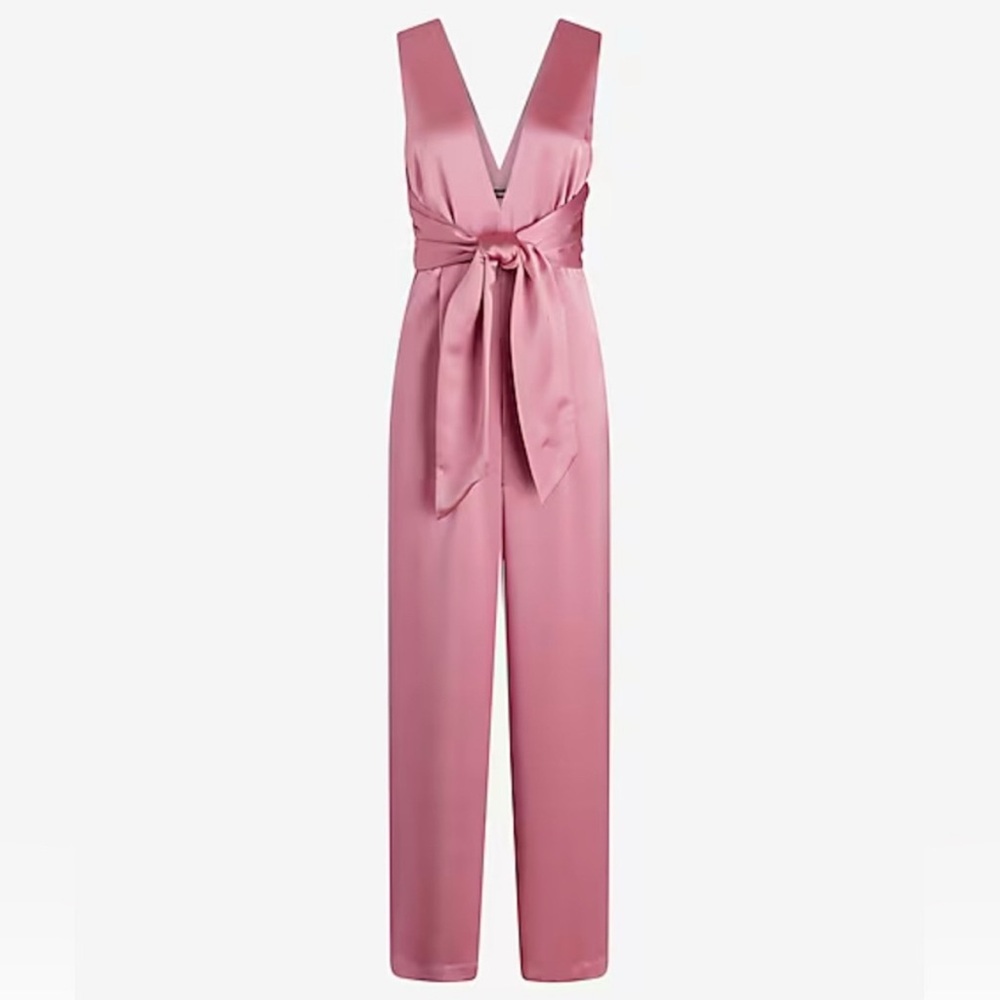 Express Pink Jumpsuit with V-Neck and Tie Waist